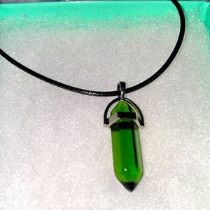 Boho Natural Green Quartz Crystal Black Cord Necklace 16-18”